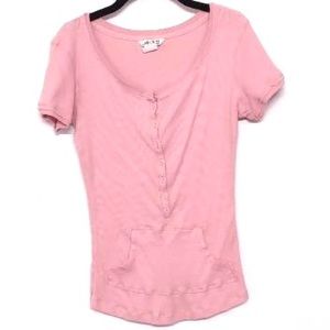 🌞 APII pink babydoll cap sleeve ribbed top pull over kangaroo pockets women S
